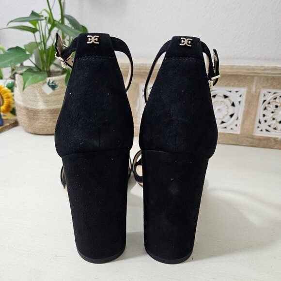 SAM EDELMAN Black Leather Suede Ankle Strap Block Heel Sandal Womens Sz 9.5 W - Picture 4 of 9